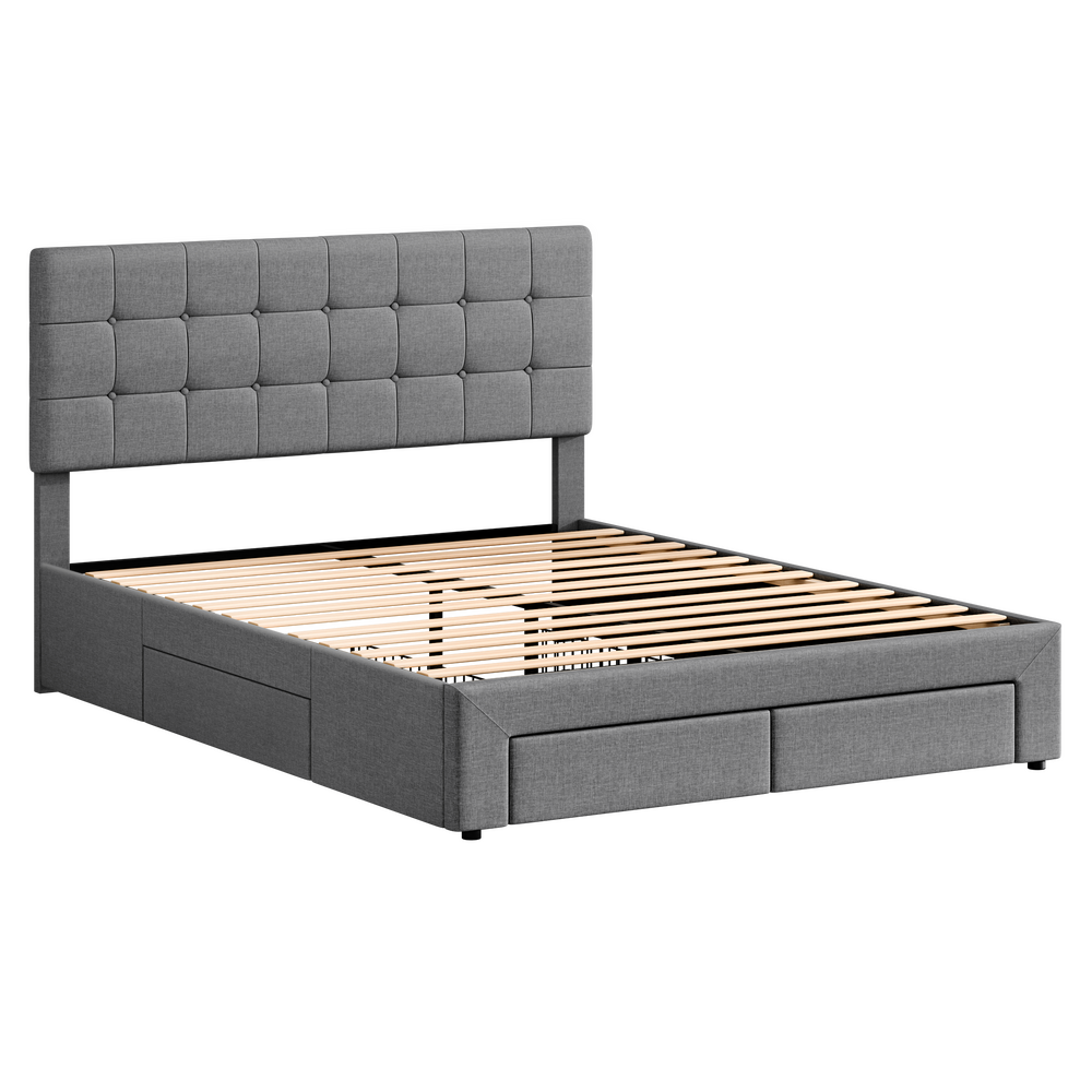 ALFORDSON Bed Frame Queen Size 4 Storage Drawers Adjustable Headboard Grey