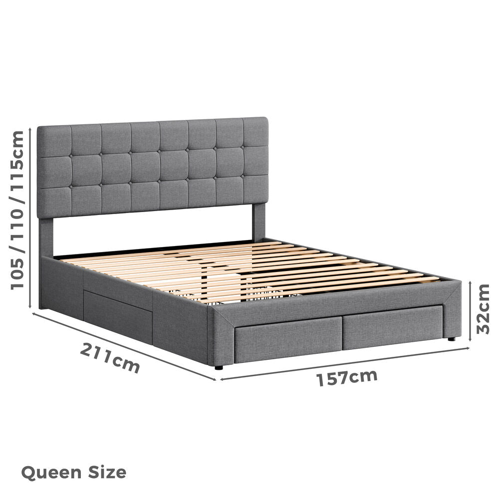 ALFORDSON Bed Frame Queen Size 4 Storage Drawers Adjustable Headboard Grey