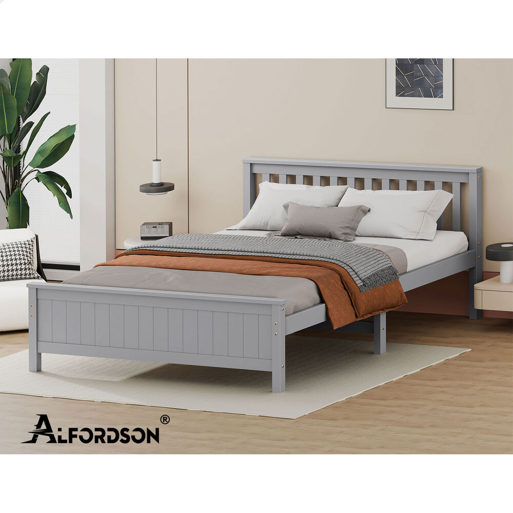 ALFORDSON Bed Frame Wooden King Size Slatted Headboard Timber Grey FABIANO