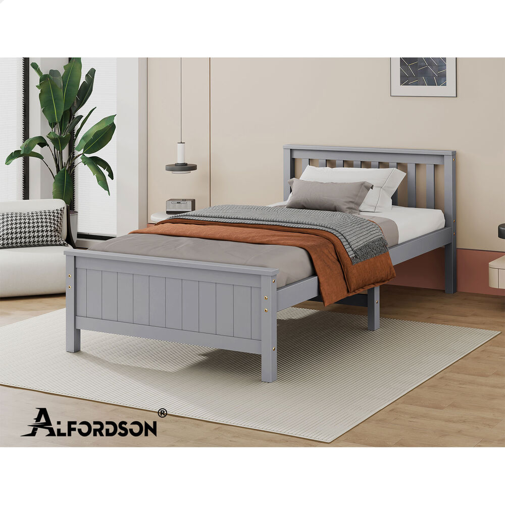 ALFORDSON Bed Frame Wooden Single Size Slatted Headboard Timber Grey FABIANO