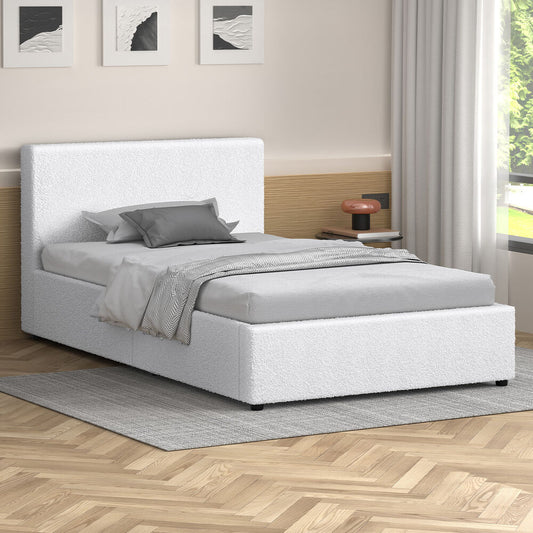 ALFORDSON Bed Frame Single Size Gas Lift Storage Base White Boucle TRICIA