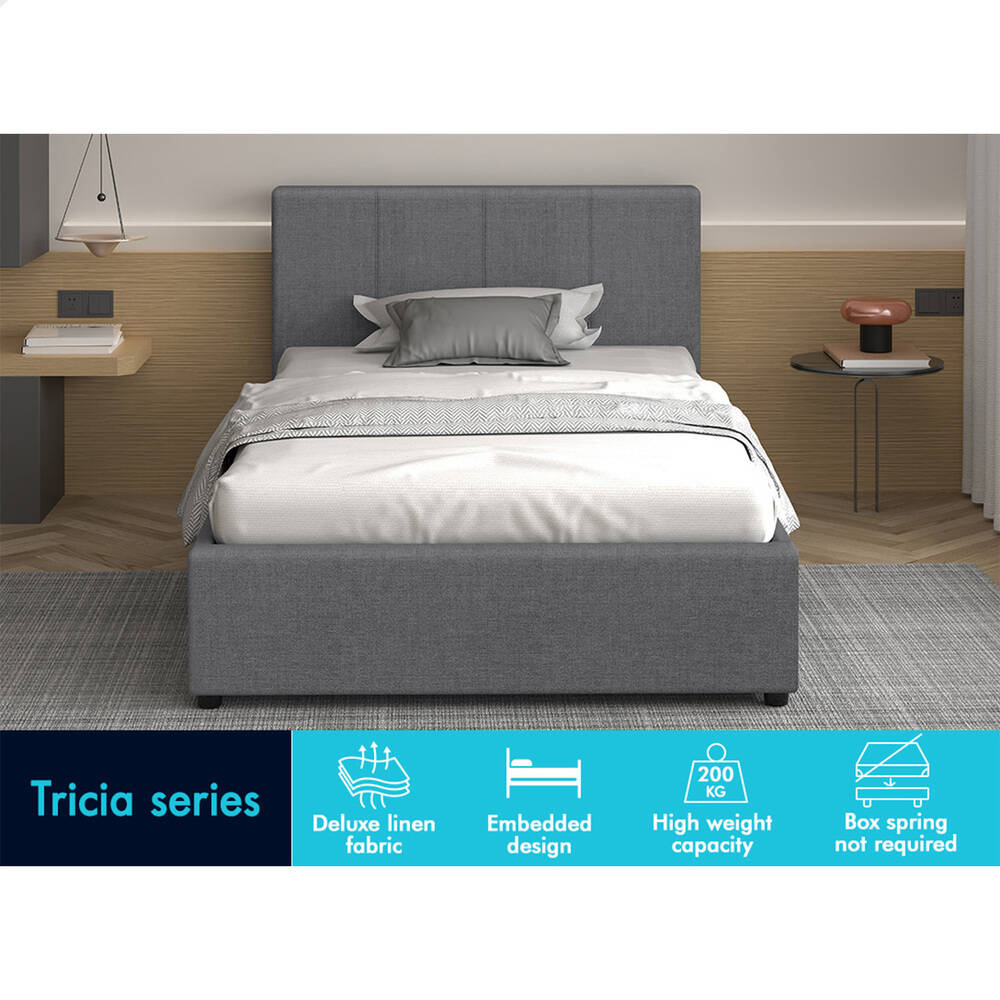 ALFORDSON Bed Frame Single Size Gas Lift Storage Base Grey Fabric TRICIA