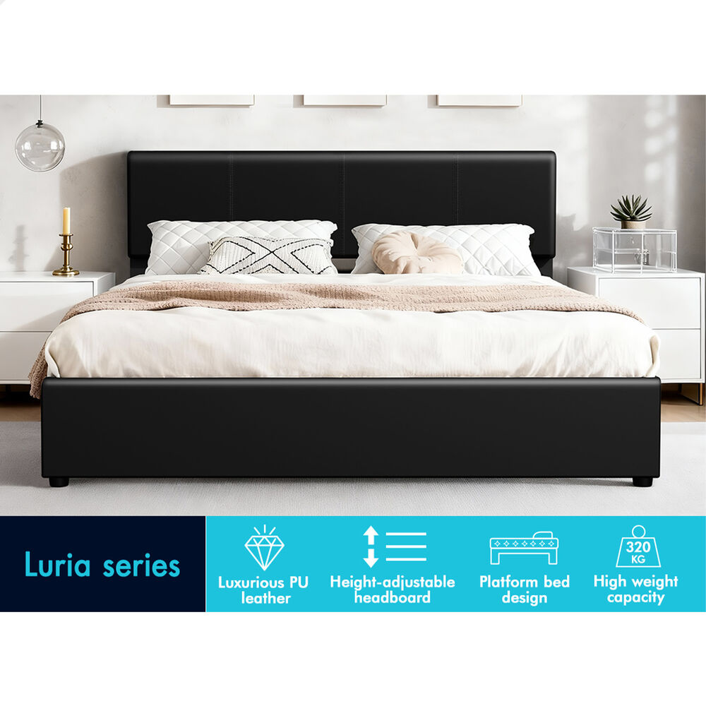 ALFORDSON Bed Frame Double Gas Lift Storage Adjustable Headboard Black LURIA