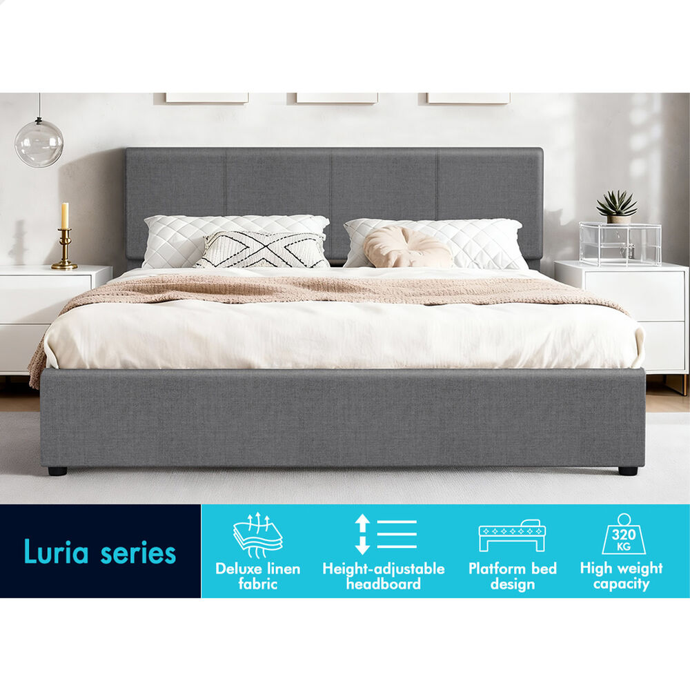 ALFORDSON Bed Frame Double Gas Lift Storage Adjustable Headboard Grey LURIA