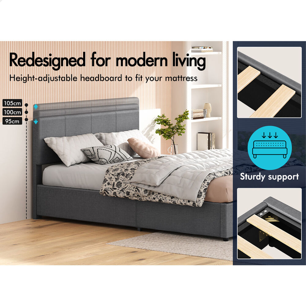 ALFORDSON Bed Frame Double Gas Lift Storage Adjustable Headboard Grey LURIA