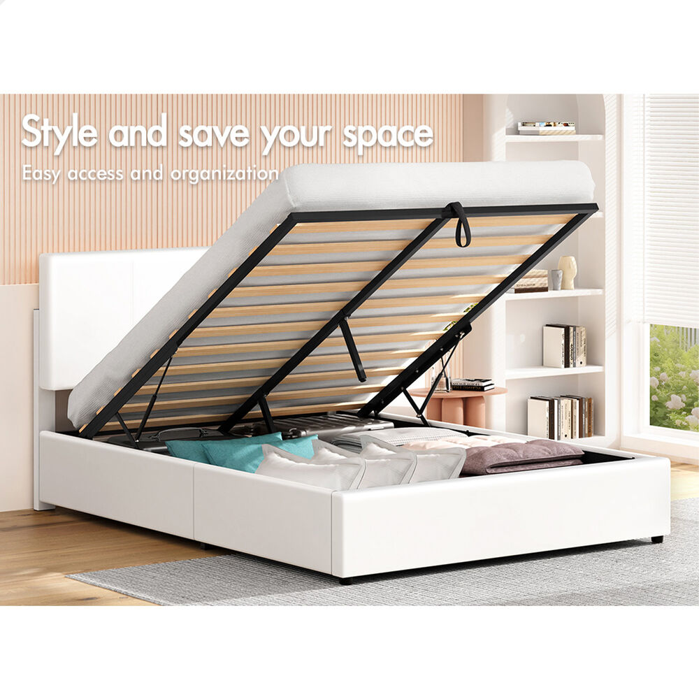 ALFORDSON Bed Frame Double Gas Lift Storage Adjustable Headboard White LURIA