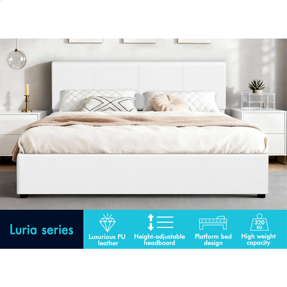 ALFORDSON Bed Frame Double Gas Lift Storage Adjustable Headboard White LURIA