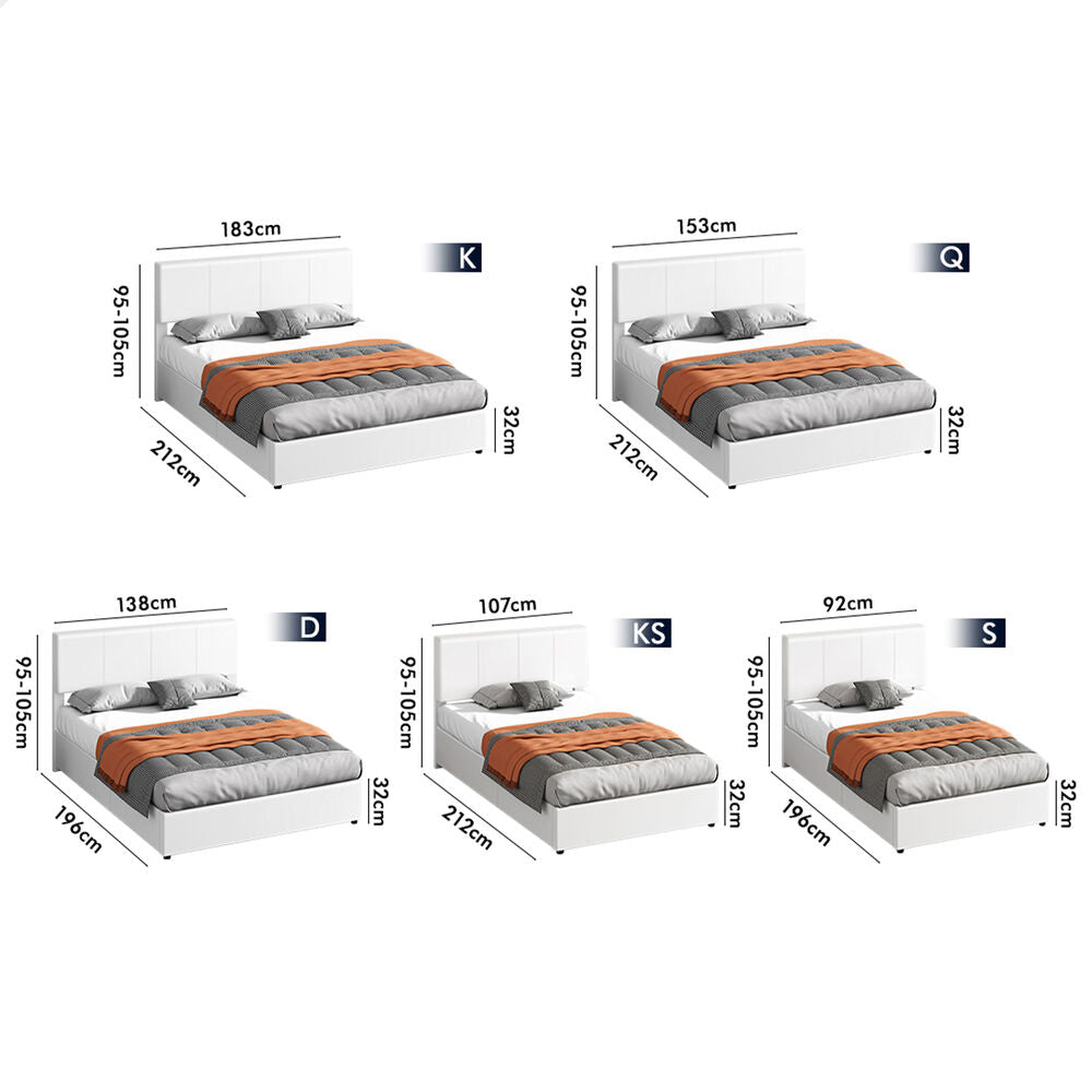 ALFORDSON Bed Frame Double Gas Lift Storage Adjustable Headboard White LURIA