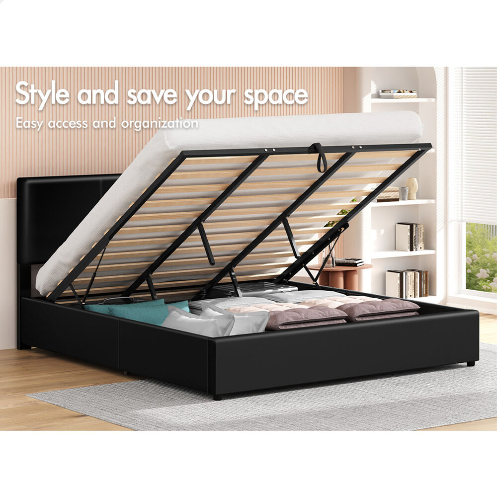 ALFORDSON Bed Frame King Gas Lift Storage Adjustable Headboard Black LURIA