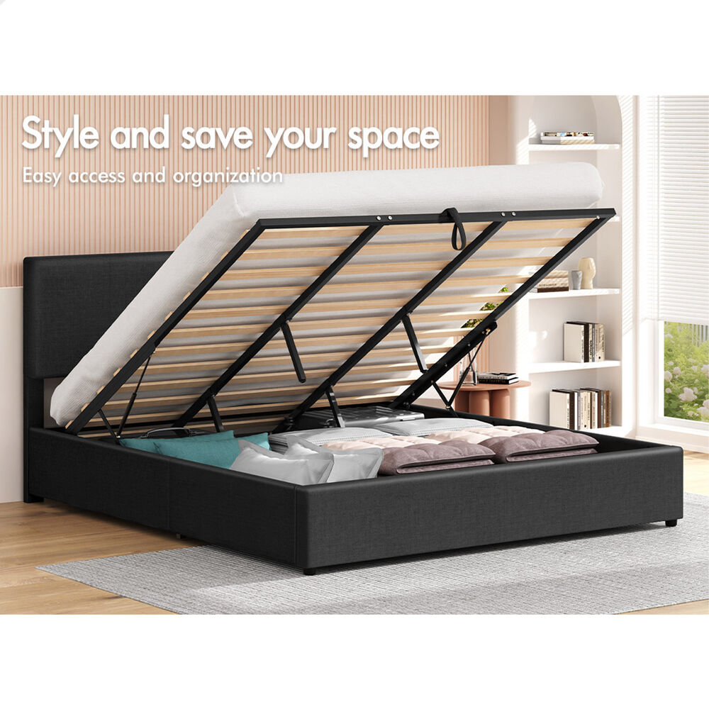 ALFORDSON Bed Frame King Gas Lift Storage Adjustable Headboard Charcoal LURIA