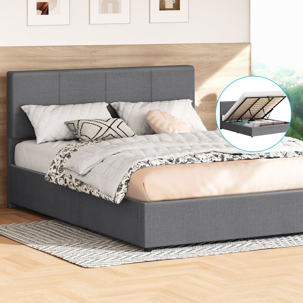 ALFORDSON Bed Frame King Gas Lift Storage Adjustable Headboard Grey LURIA