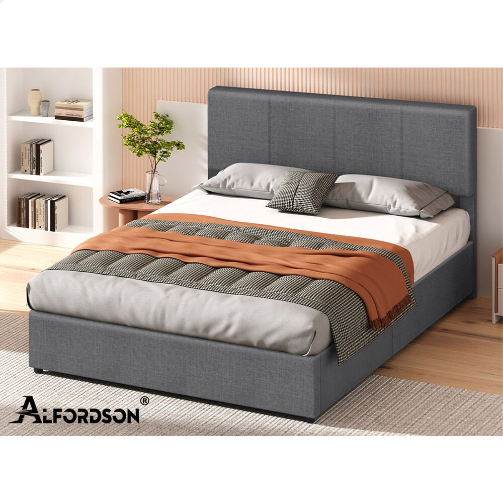ALFORDSON Bed Frame King Gas Lift Storage Adjustable Headboard Grey LURIA