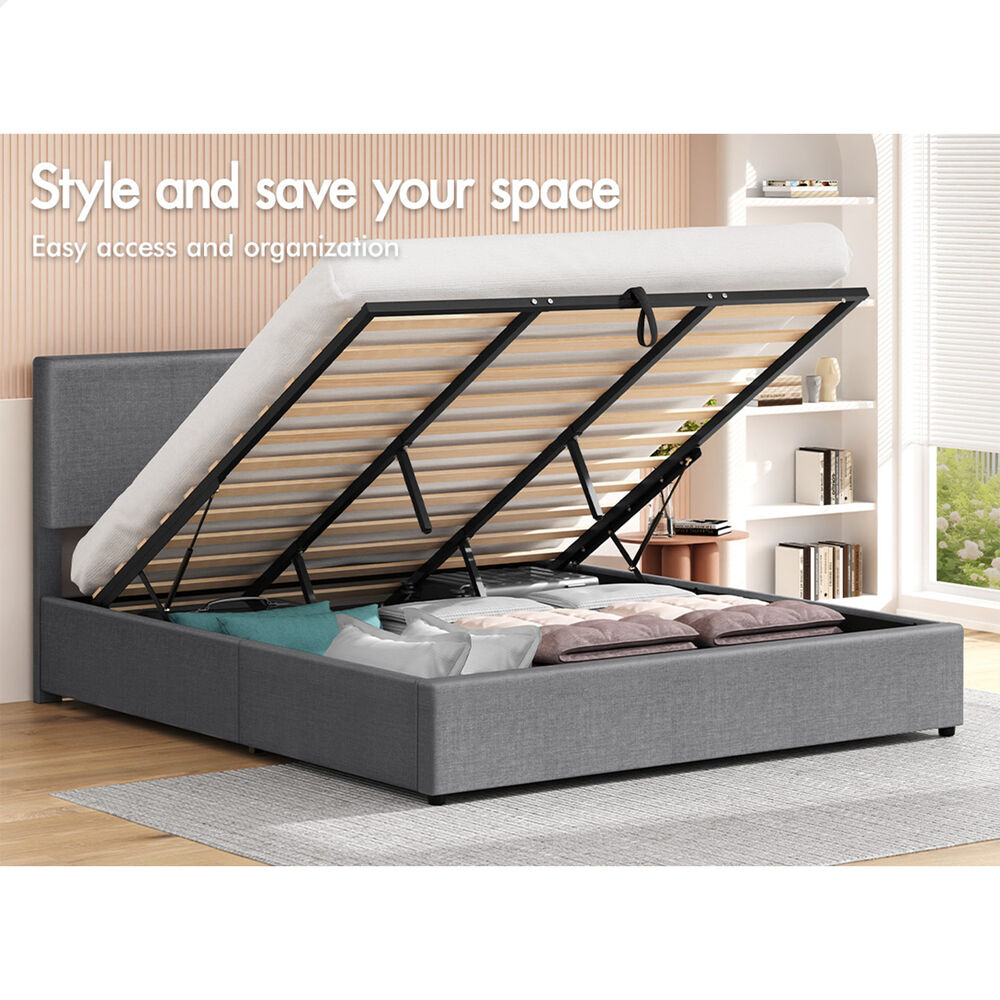 ALFORDSON Bed Frame King Gas Lift Storage Adjustable Headboard Grey LURIA