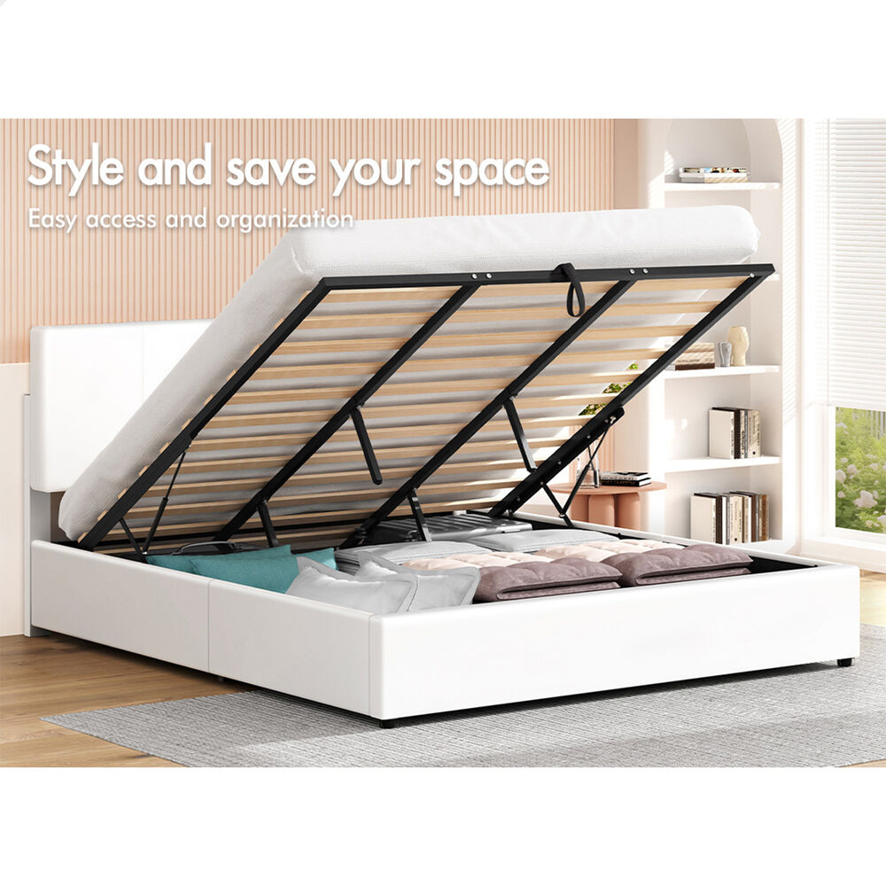 ALFORDSON Bed Frame King Gas Lift Storage Adjustable Headboard White LURIA