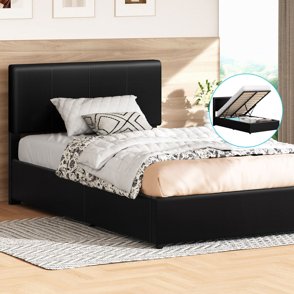 ALFORDSON Bed Frame King Single Gas Lift Storage Adjustable Headboard Black LURIA