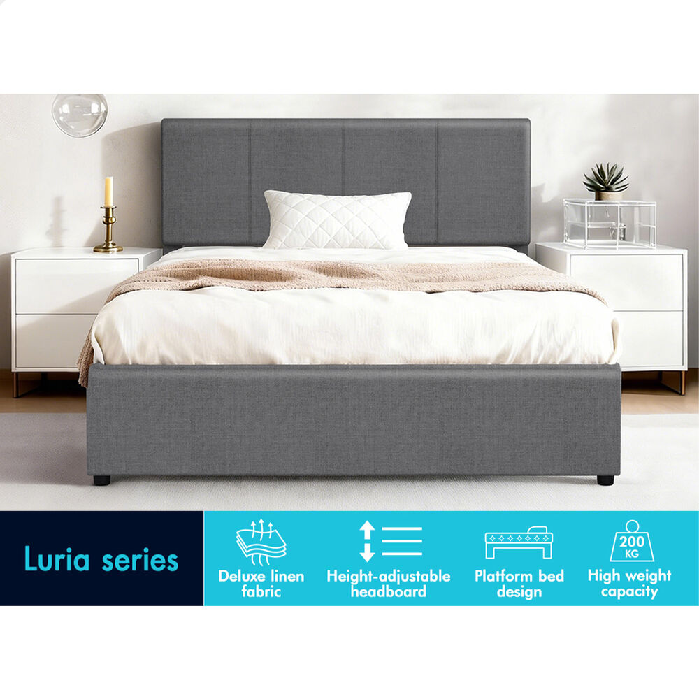 ALFORDSON Bed Frame King Single Gas Lift Storage Adjustable Headboard Grey LURIA