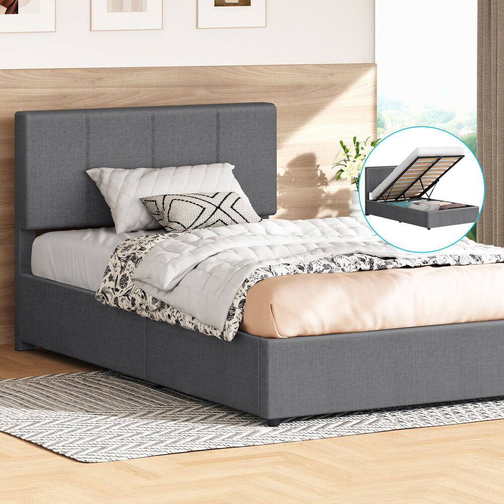 ALFORDSON Bed Frame King Single Gas Lift Storage Adjustable Headboard Grey LURIA