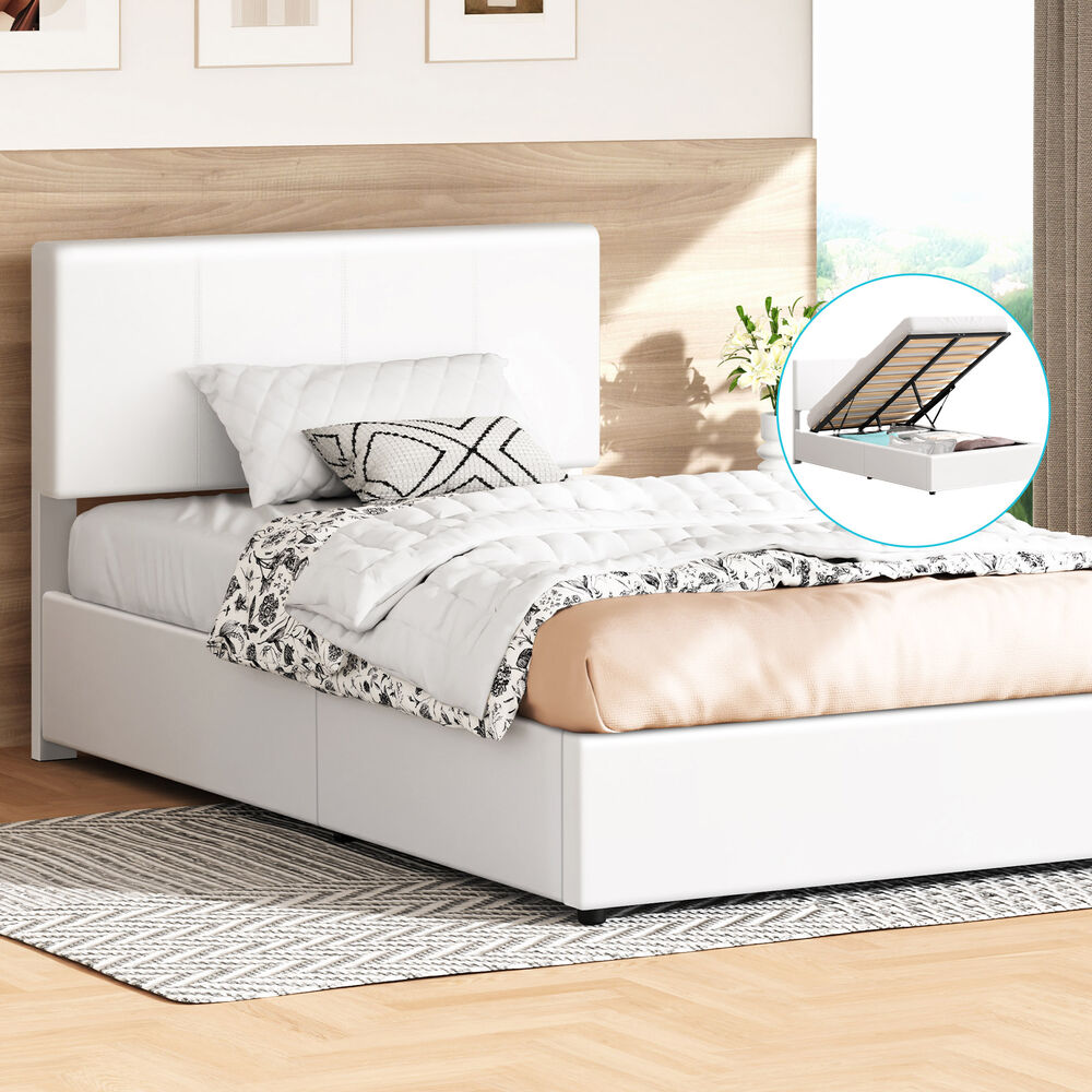 ALFORDSON Bed Frame King Single Gas Lift Storage Adjustable Headboard White