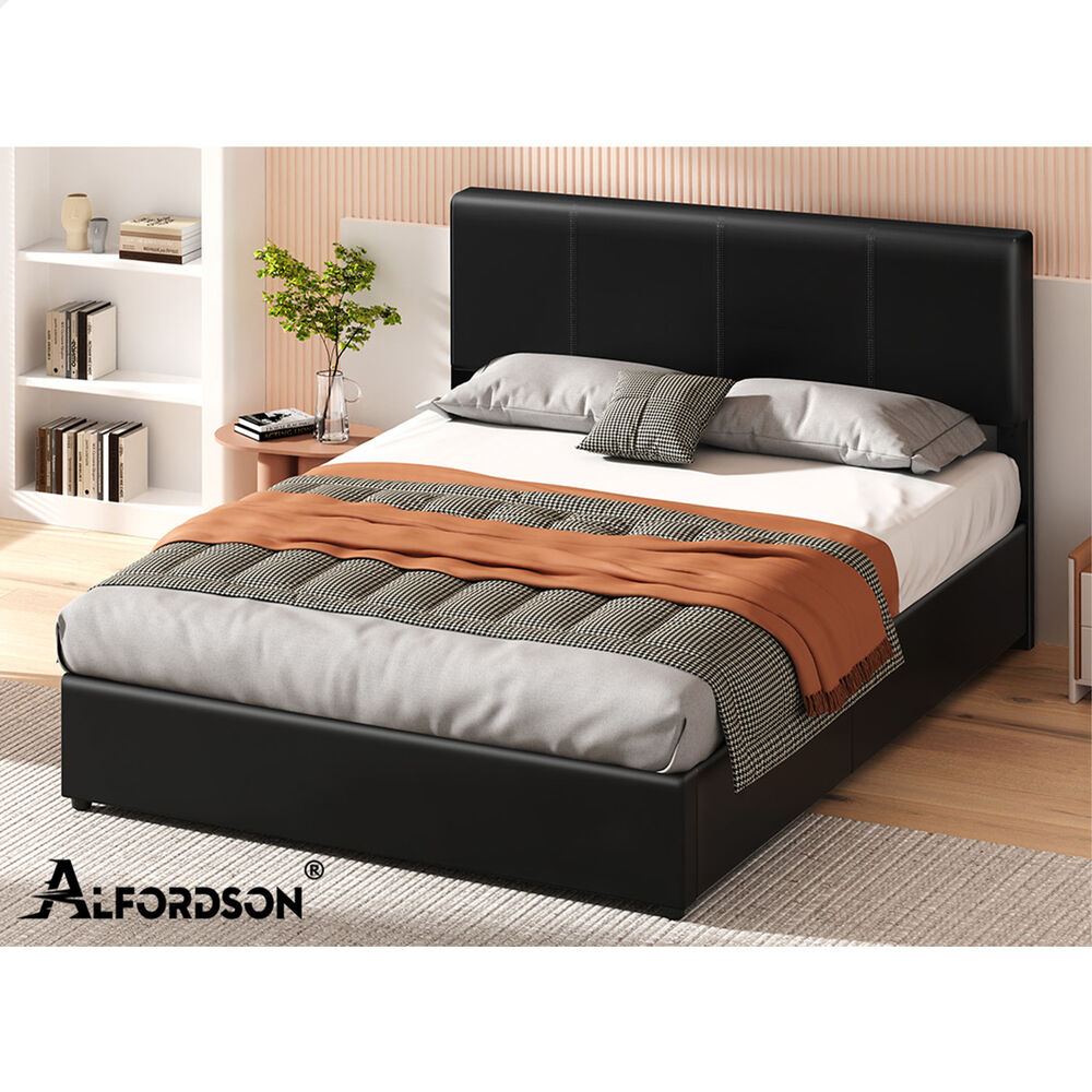 ALFORDSON Bed Frame Queen Gas Lift Storage Adjustable Headboard Black LURIA