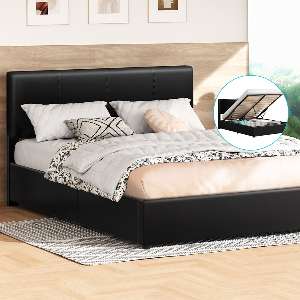 ALFORDSON Bed Frame Queen Gas Lift Storage Adjustable Headboard Black LURIA