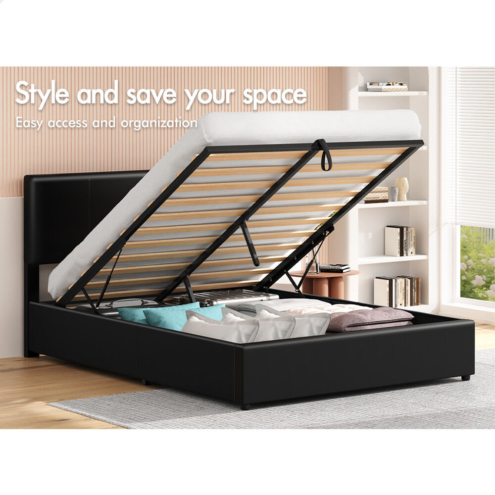 ALFORDSON Bed Frame Queen Gas Lift Storage Adjustable Headboard Black LURIA