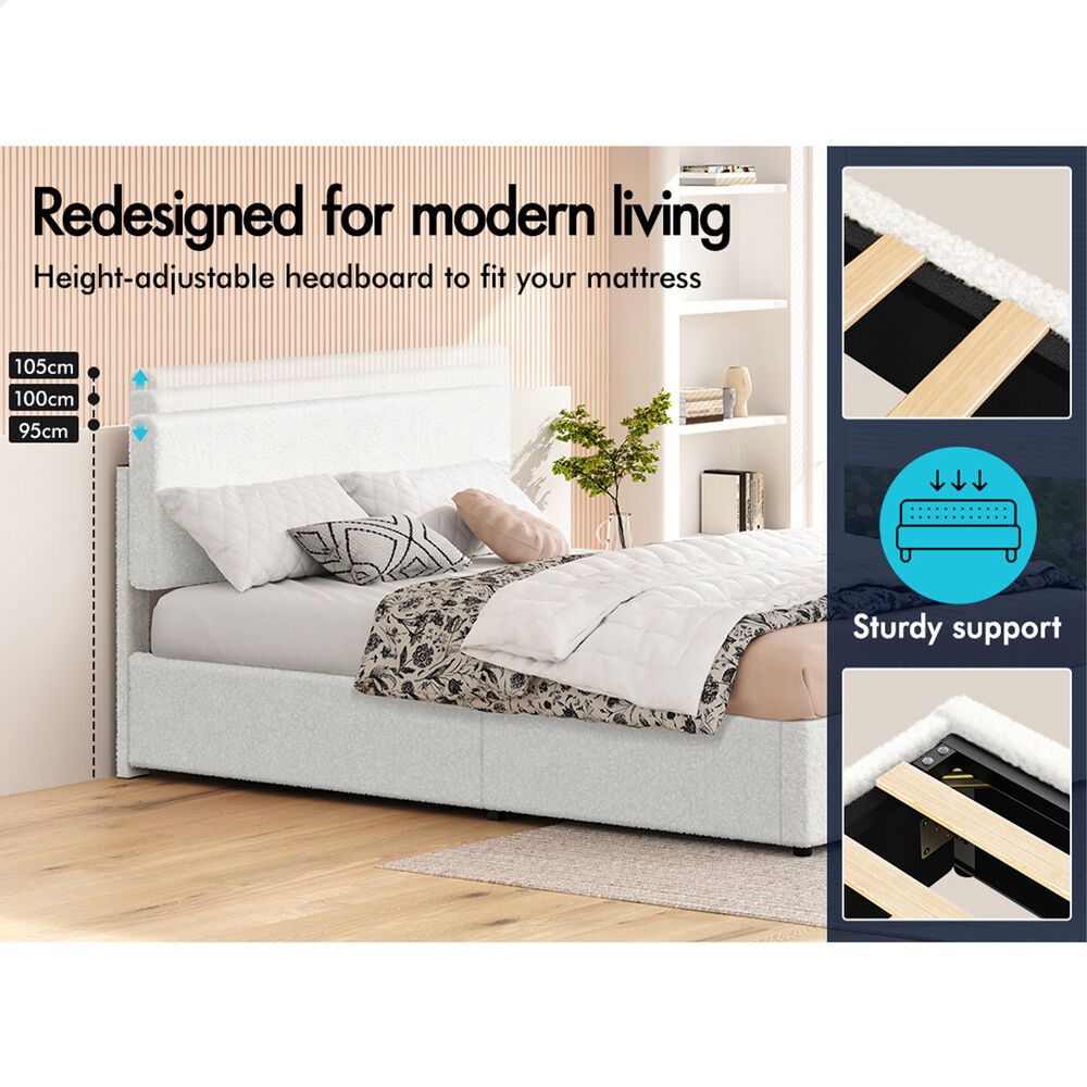 ALFORDSON Bed Frame Queen Gas Lift Storage Adjustable Headboard Boucle LURIA