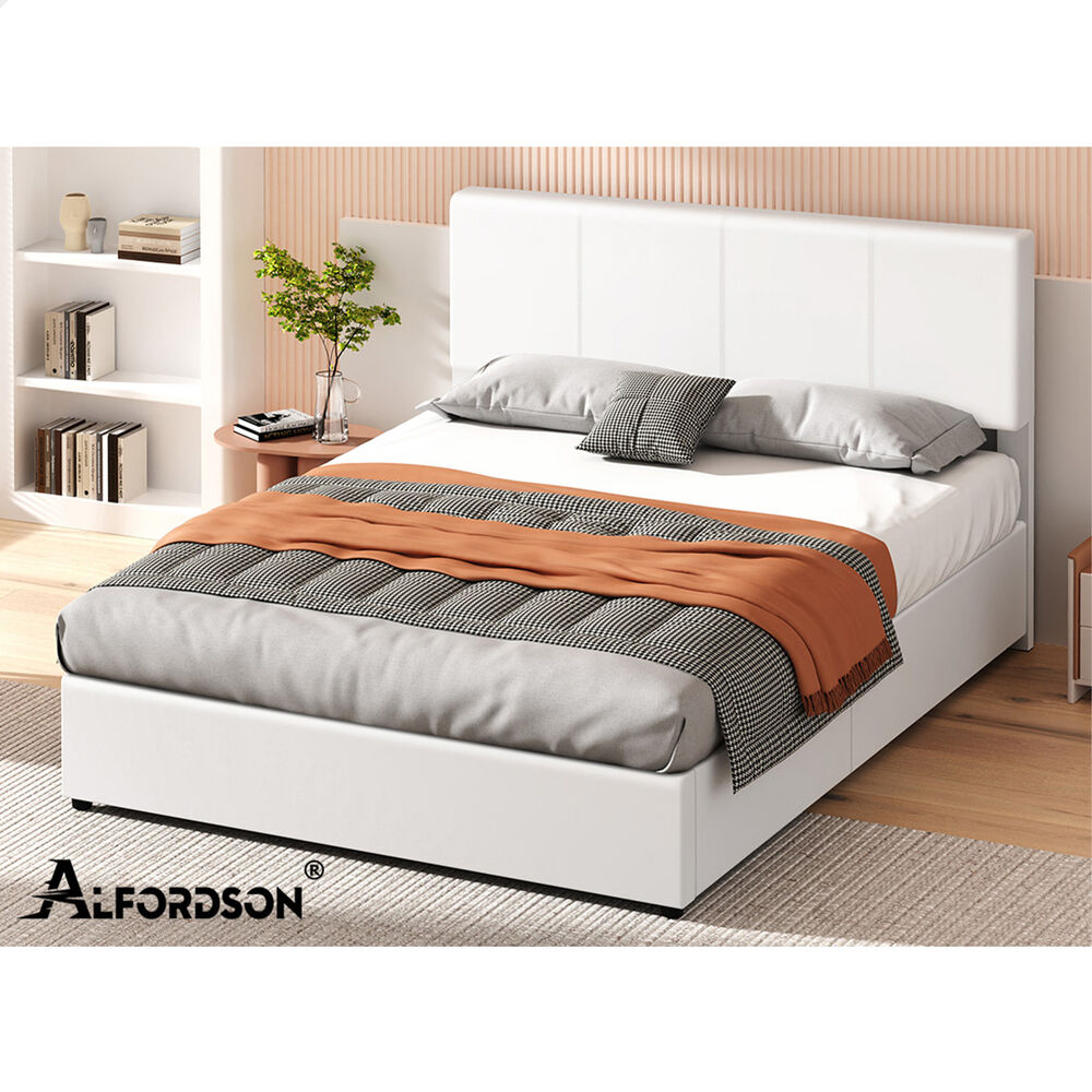 ALFORDSON Bed Frame Queen Gas Lift Storage Adjustable Headboard White LURIA