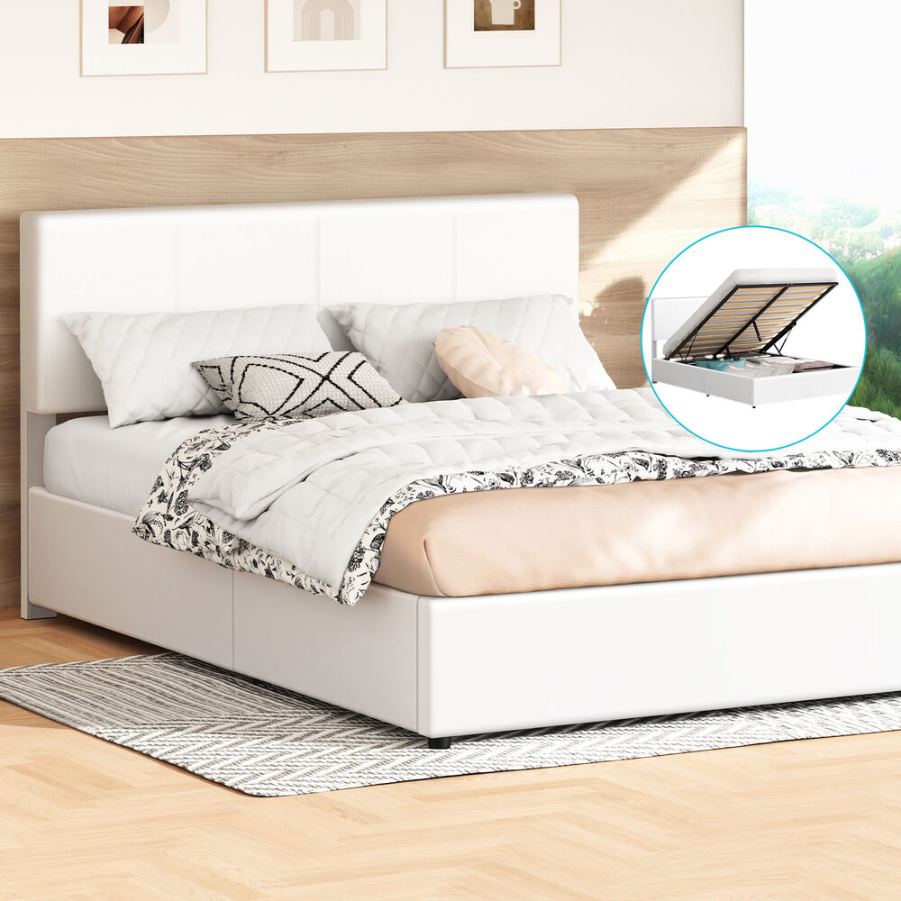 ALFORDSON Bed Frame Queen Gas Lift Storage Adjustable Headboard White LURIA
