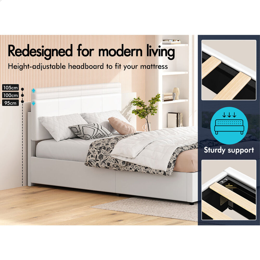 ALFORDSON Bed Frame Queen Gas Lift Storage Adjustable Headboard White LURIA