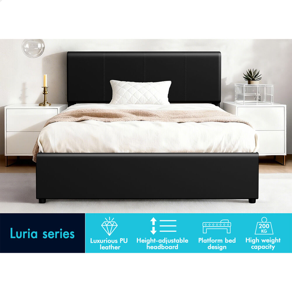 ALFORDSON Bed Frame Single Gas Lift Storage Adjustable Headboard Black LURIA