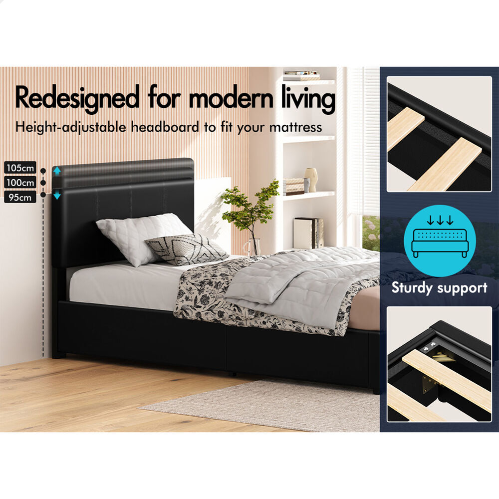 ALFORDSON Bed Frame Single Gas Lift Storage Adjustable Headboard Black LURIA