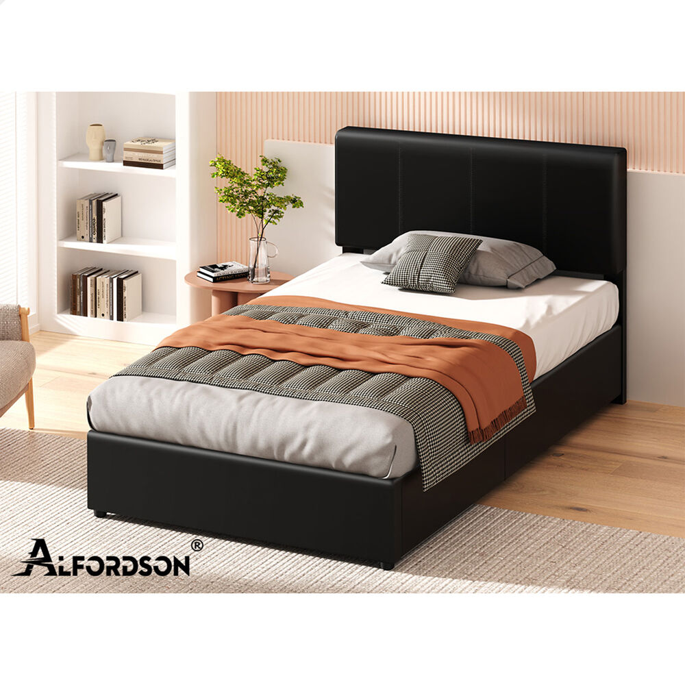 ALFORDSON Bed Frame Single Gas Lift Storage Adjustable Headboard Black LURIA