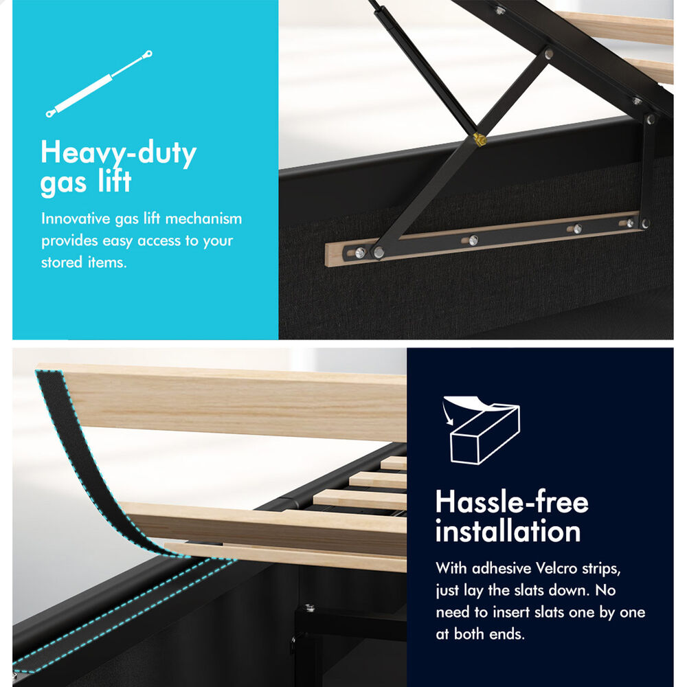 ALFORDSON Bed Frame Single Gas Lift Storage Adjustable Headboard Black LURIA