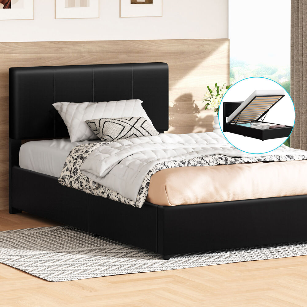 ALFORDSON Bed Frame Single Gas Lift Storage Adjustable Headboard Black LURIA