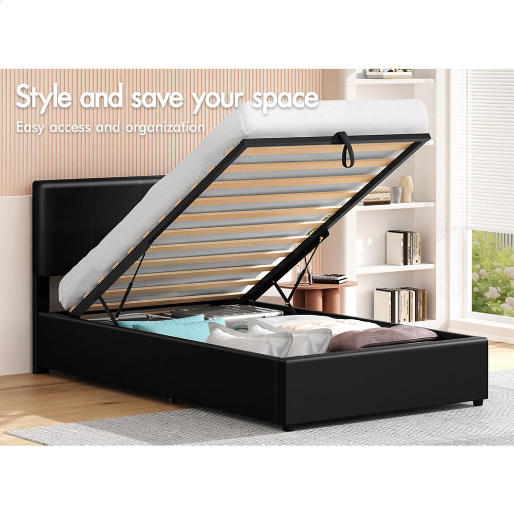 ALFORDSON Bed Frame Single Gas Lift Storage Adjustable Headboard Black LURIA