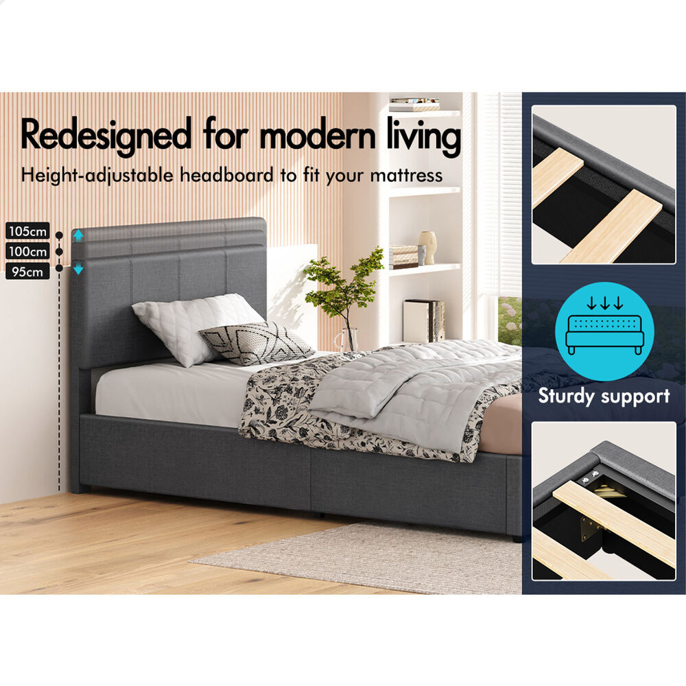 ALFORDSON Bed Frame Single Gas Lift Storage Adjustable Headboard Grey LURIA