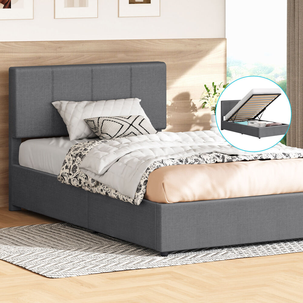 ALFORDSON Bed Frame Single Gas Lift Storage Adjustable Headboard Grey LURIA