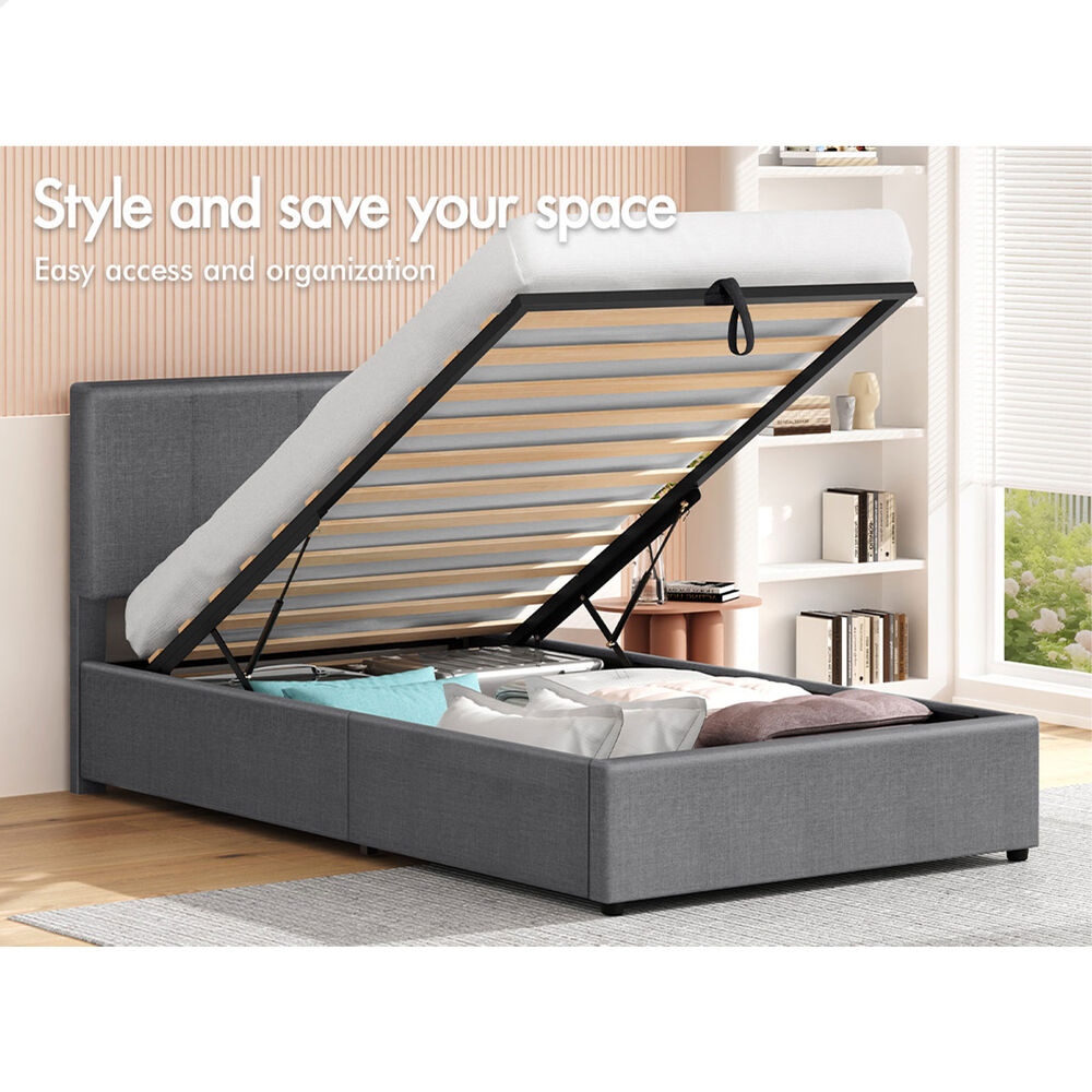 ALFORDSON Bed Frame Single Gas Lift Storage Adjustable Headboard Grey LURIA