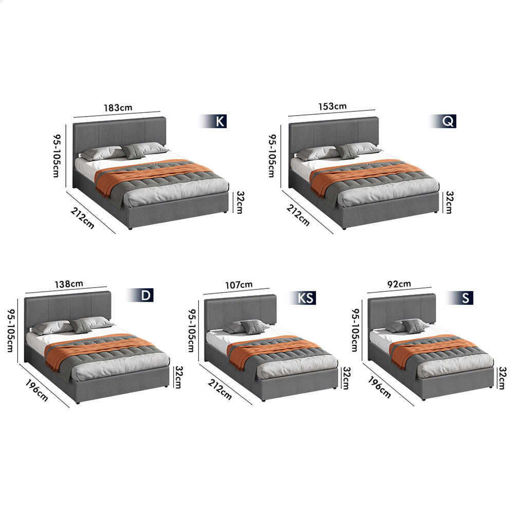 ALFORDSON Bed Frame Single Gas Lift Storage Adjustable Headboard Grey LURIA