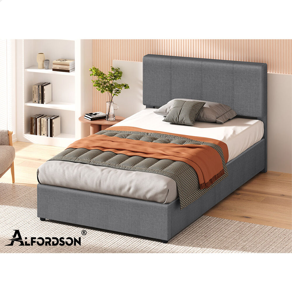 ALFORDSON Bed Frame Single Gas Lift Storage Adjustable Headboard Grey LURIA