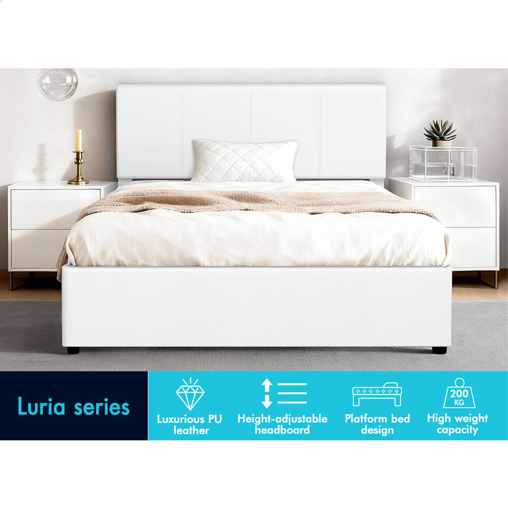 ALFORDSON Bed Frame Single Gas Lift Storage Adjustable Headboard White LURIA
