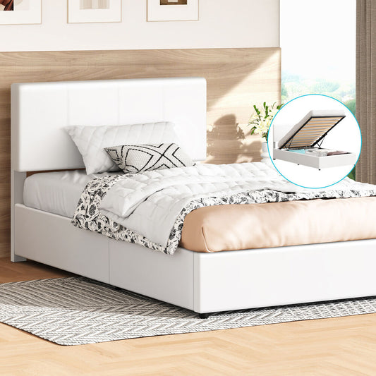 ALFORDSON Bed Frame Single Gas Lift Storage Adjustable Headboard White LURIA
