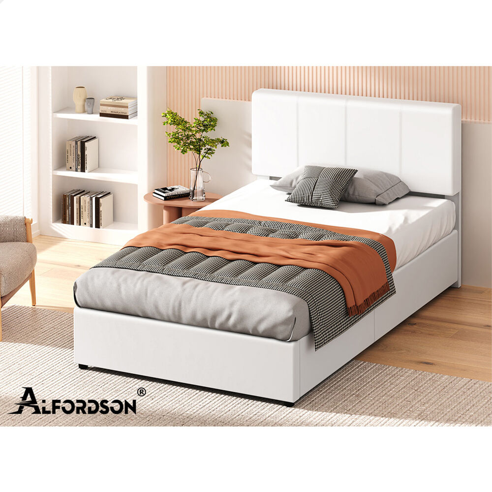 ALFORDSON Bed Frame Single Gas Lift Storage Adjustable Headboard White LURIA