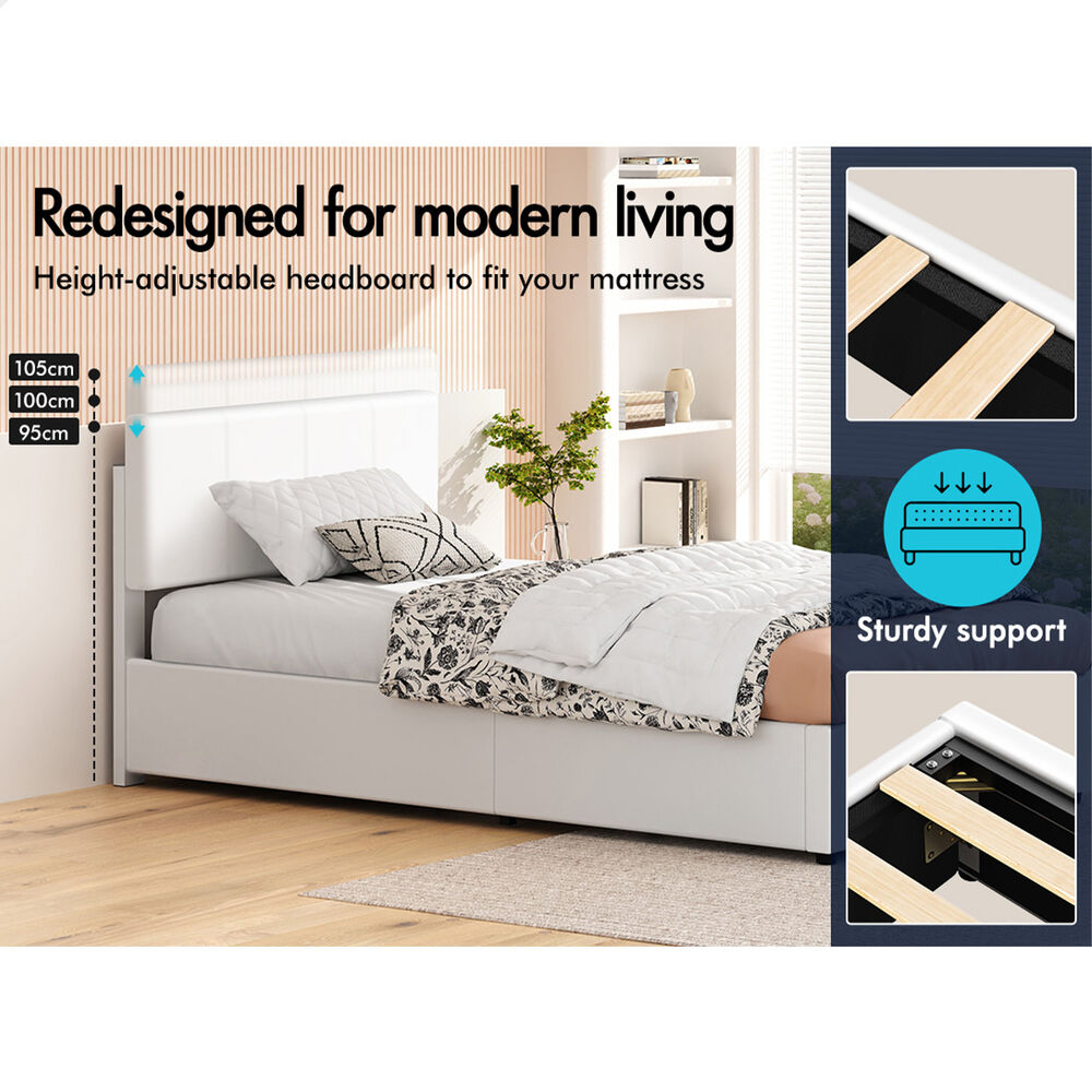 ALFORDSON Bed Frame Single Gas Lift Storage Adjustable Headboard White LURIA