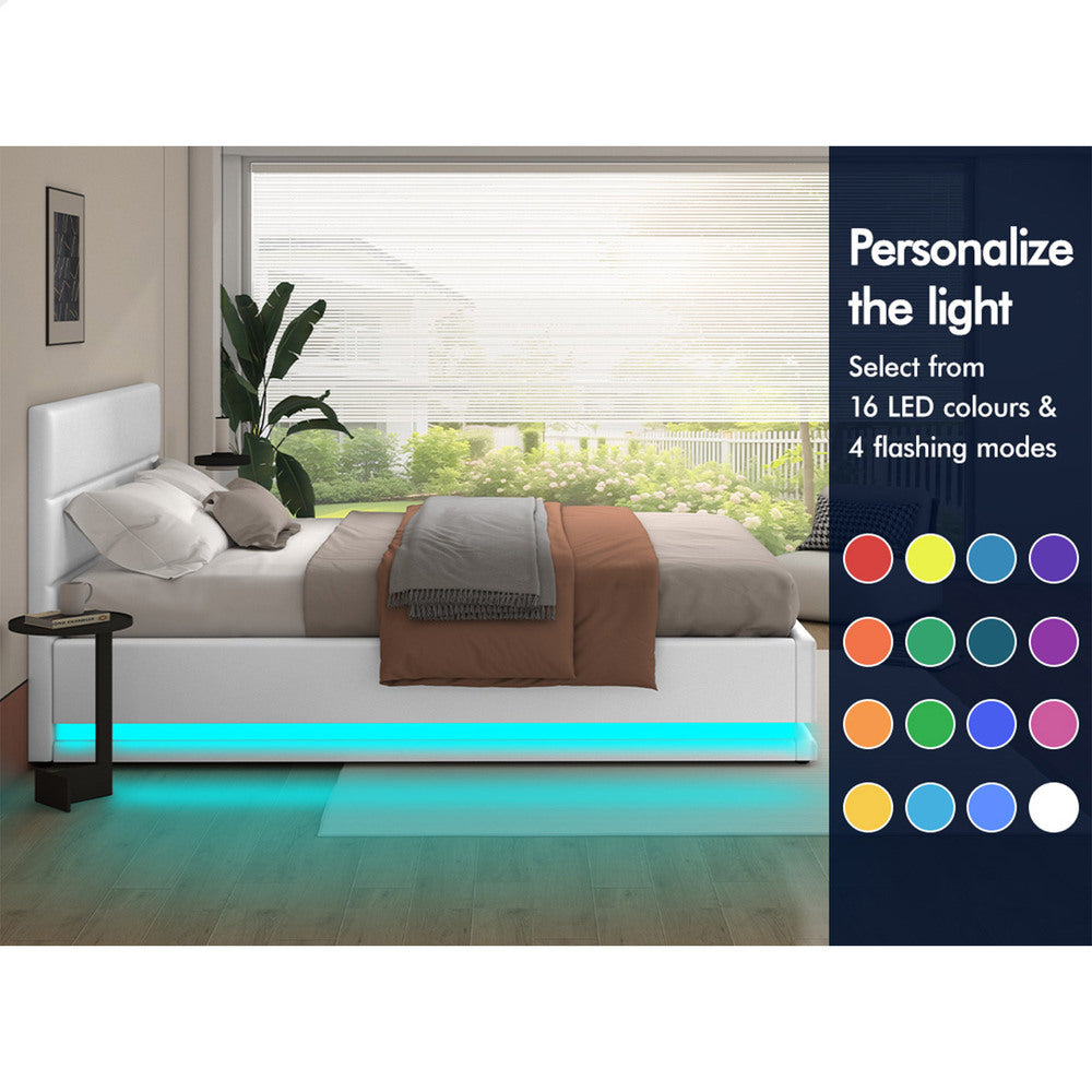 ALFORDSON Bed Frame Double Size Platform RGB LED Gas Lift Base Storage White