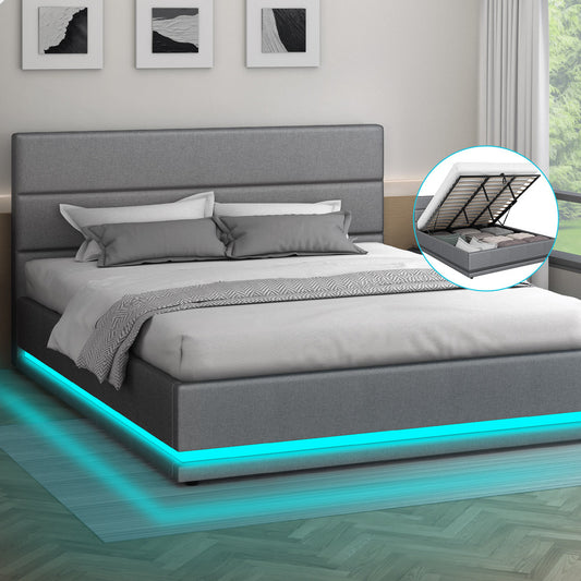 ALFORDSON Bed Frame King Size Platform RGB LED Gas Lift Base Storage Grey