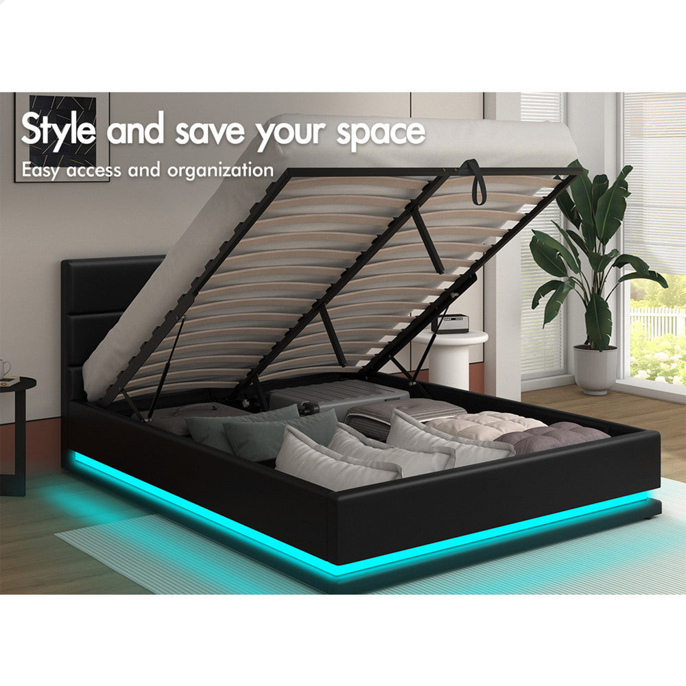 ALFORDSON Bed Frame Queen Size Platform RGB LED Gas Lift Base Storage Black