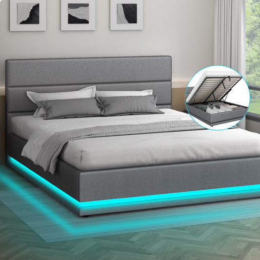ALFORDSON Bed Frame Queen Size Platform RGB LED Gas Lift Base Storage Grey