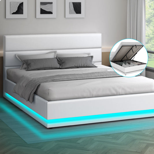 ALFORDSON Bed Frame Queen Size Platform RGB LED Gas Lift Base Storage White