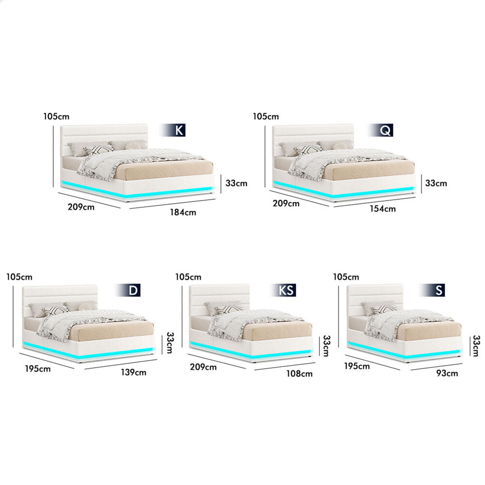 ALFORDSON Bed Frame Double Size Platform RGB LED Gas Lift Base Storage Boucle
